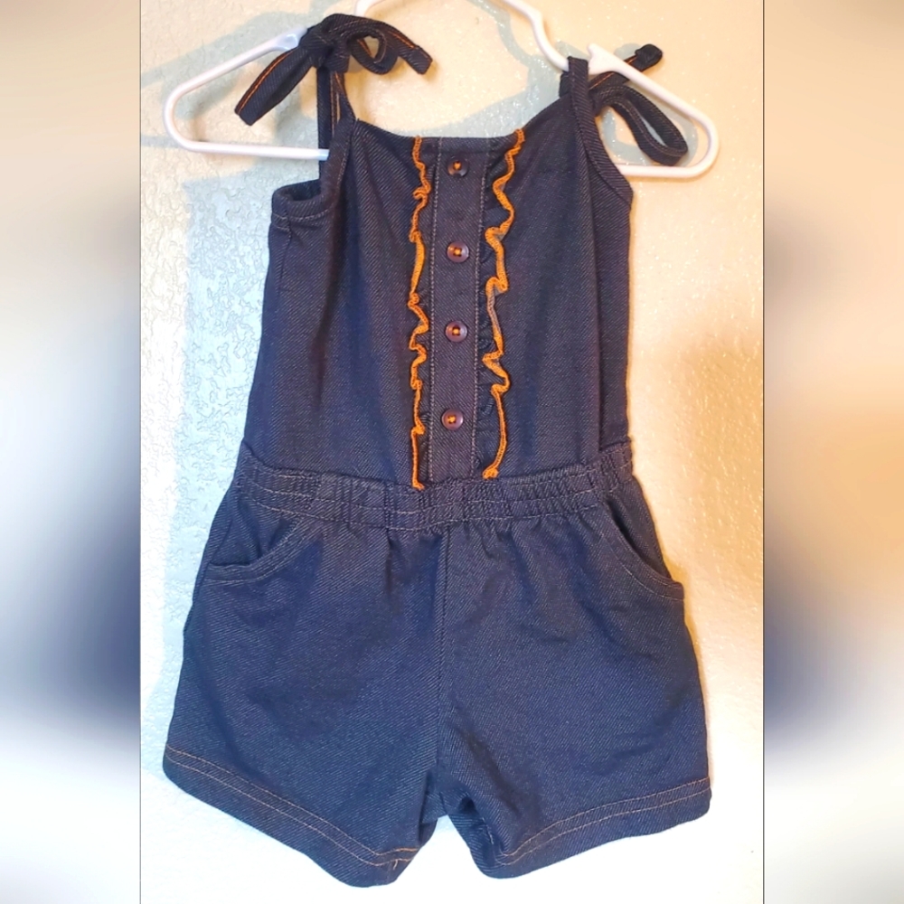 Sz 12 month, Pink House, Denim Romper with tie shoulder straps and ruffles